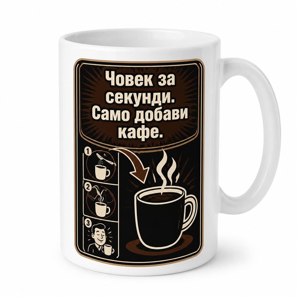 Чаша с надпис „Човек за секунди. Само добави кафе.“