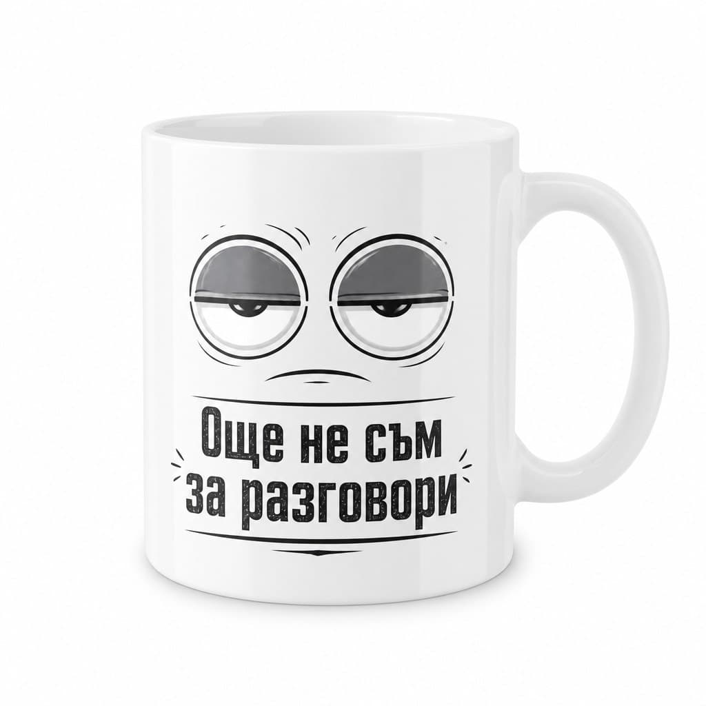 Чаша с надпис „Още не съм за разговори“