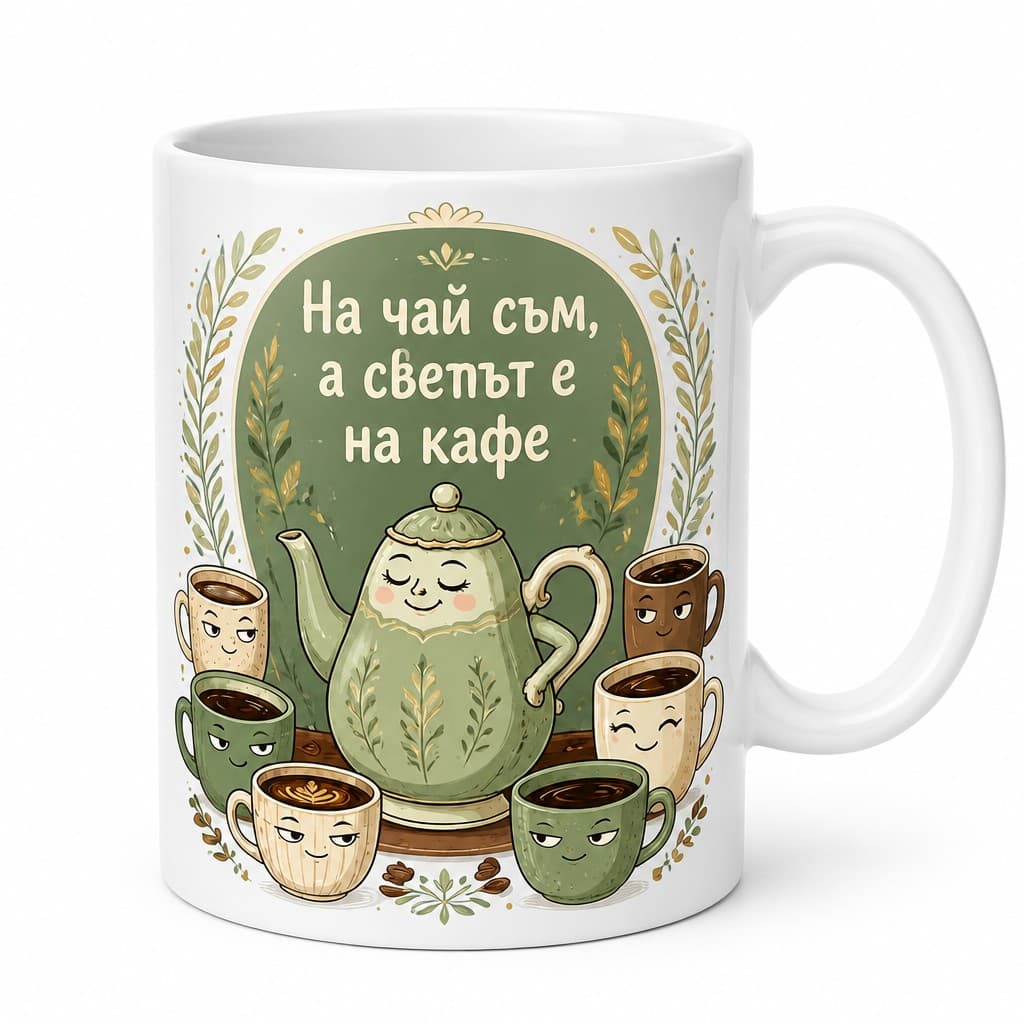 Чаша за чай с надпис „На чай съм, а светът е на кафе“